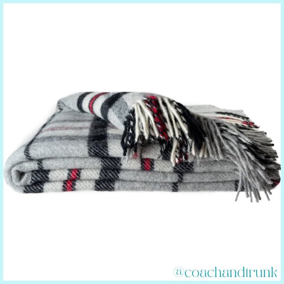 SCOTTISH WOOL IMPORT THROW BLANKET Fringe Tomson Plaid Grey Ivory Black Red NWT - Picture 6 of 13